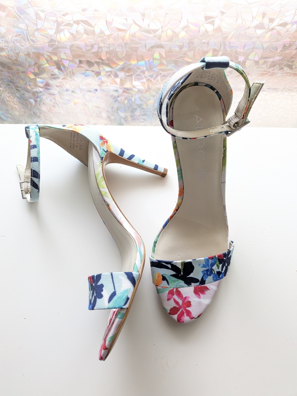 Aldo White Floral Ankle-Strap Stiletto Heels
